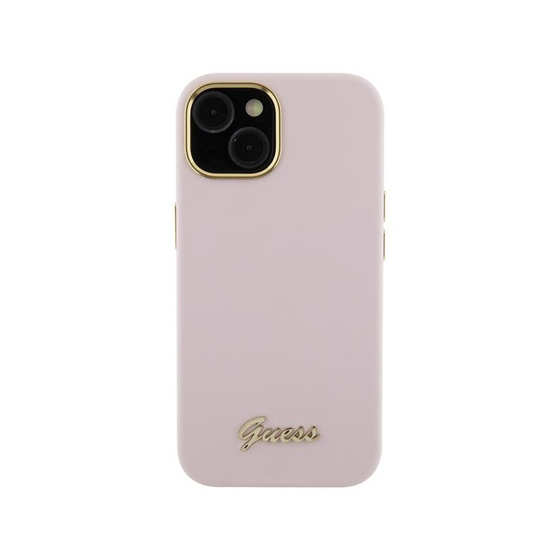 Guess Silicone Script Metal Logo & Frame dėklas iPhone 15 - rožinis
