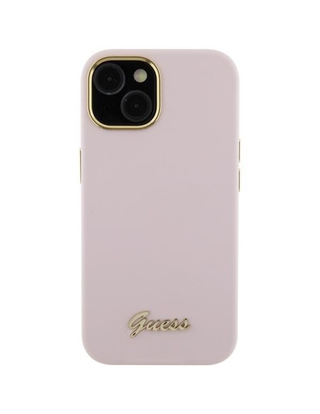 Guess Silicone Script Metal Logo & Frame dėklas iPhone 15 - rožinis Guess Silicone Script Metal Logo & Frame dėklas iPhone 15 - rožinis