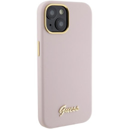 Guess Silicone Script Metal Logo & Frame dėklas iPhone 15 - rožinis