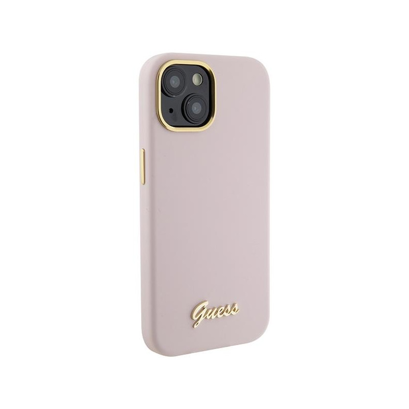 Guess Silicone Script Metal Logo & Frame dėklas iPhone 15 - rožinis