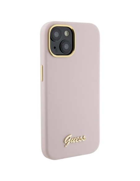 Guess Silicone Script Metal Logo & Frame dėklas iPhone 15 - rožinis Guess Silicone Script Metal Logo & Frame dėklas iPhone 15 - rožinis