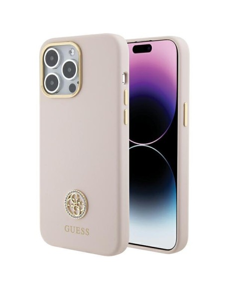 Guess Silicone Logo Strass 4G dėklas, skirtas iPhone 15 Pro Max - rožinis Guess Silicone Logo Strass 4G dėklas, skirtas iPhone 15 Pro Max - rožinis