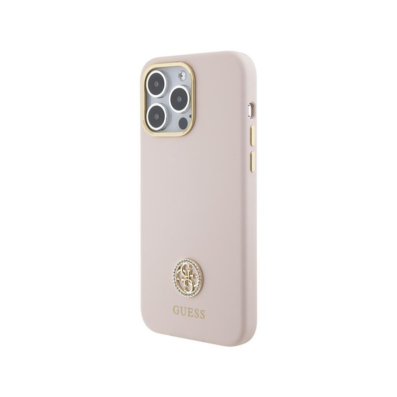 Guess Silicone Logo Strass 4G dėklas, skirtas iPhone 15 Pro Max - rožinis