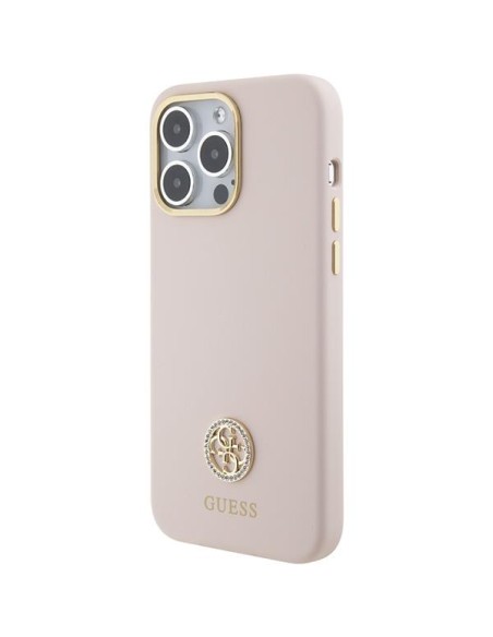 Guess Silicone Logo Strass 4G dėklas, skirtas iPhone 15 Pro Max - rožinis Guess Silicone Logo Strass 4G dėklas, skirtas iPhone 15 Pro Max - rožinis
