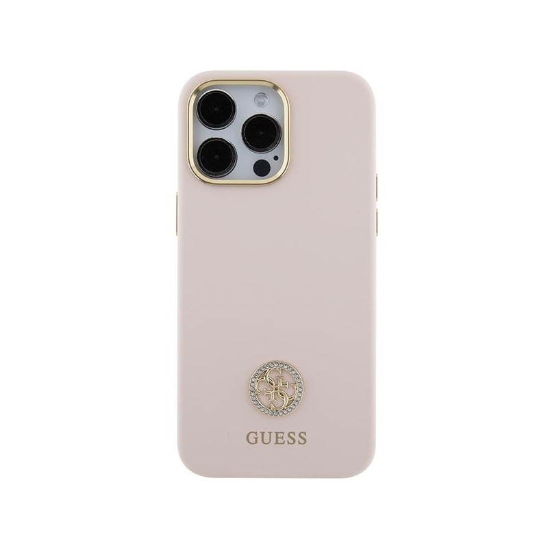 Guess Silicone Logo Strass 4G dėklas, skirtas iPhone 15 Pro Max - rožinis