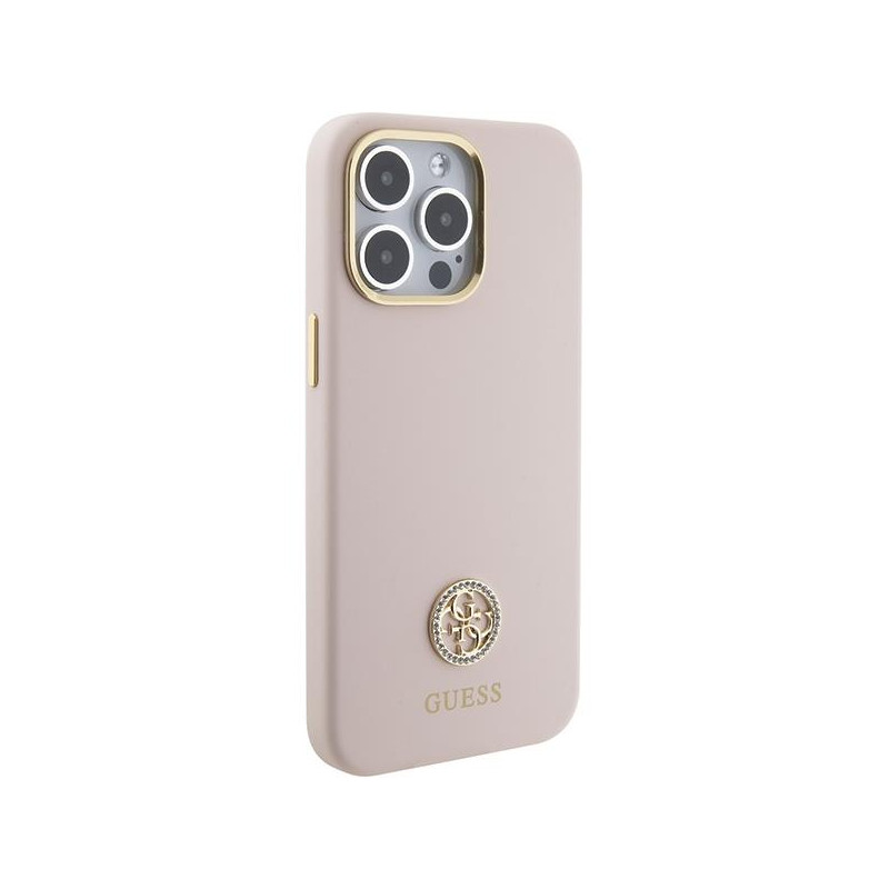 Guess Silicone Logo Strass 4G dėklas, skirtas iPhone 15 Pro Max - rožinis