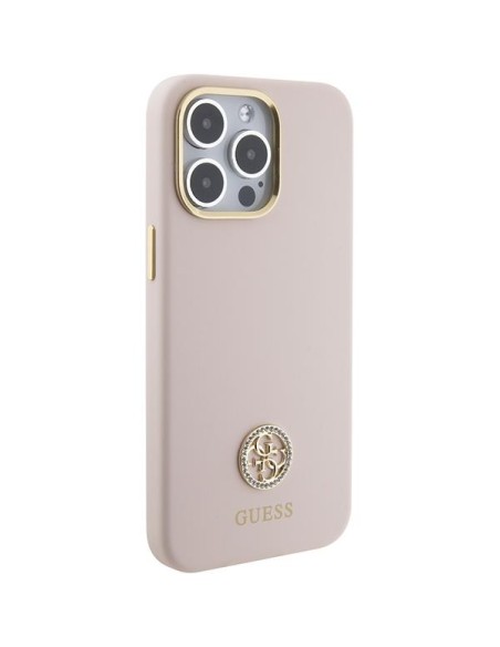 Guess Silicone Logo Strass 4G dėklas, skirtas iPhone 15 Pro Max - rožinis Guess Silicone Logo Strass 4G dėklas, skirtas iPhone 15 Pro Max - rožinis