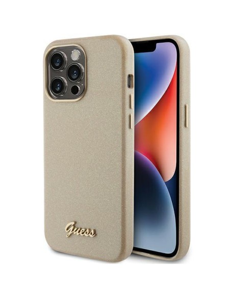 Guess Glitter Glossy Script dėklas, skirtas iPhone 15 Pro Max - auksinis Guess Glitter Glossy Script dėklas, skirtas iPhone 15 Pro Max - auksinis