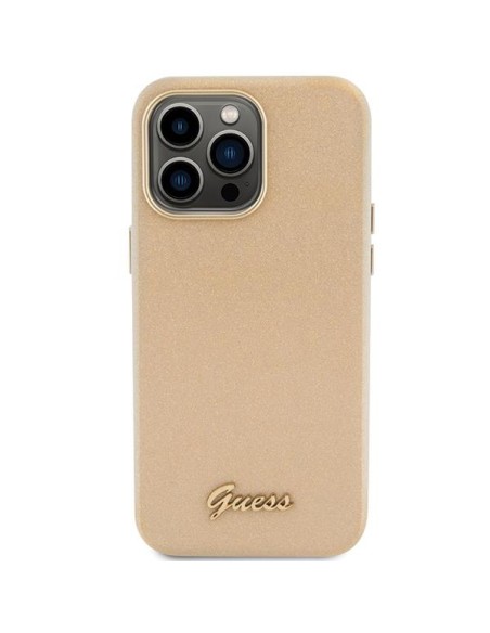 Guess Glitter Glossy Script dėklas, skirtas iPhone 15 Pro Max - auksinis Guess Glitter Glossy Script dėklas, skirtas iPhone 15 Pro Max - auksinis