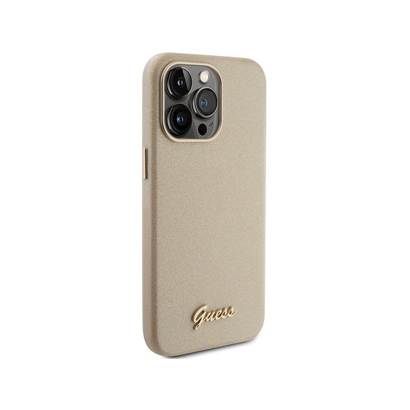 Guess Glitter Glossy Script dėklas, skirtas iPhone 15 Pro Max - auksinis