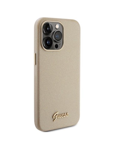 Guess Glitter Glossy Script dėklas, skirtas iPhone 15 Pro Max - auksinis Guess Glitter Glossy Script dėklas, skirtas iPhone 15 Pro Max - auksinis