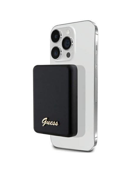 Guess MagSafe Metal Script Logo indukcinis maitinimo blokas 15W 5000mAh - juodas Guess MagSafe Metal Script Logo indukcinis maitinimo blokas 15W 5000mAh - juodas