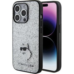 Karl Lagerfeld Fixed Glitter Choupette Logo Metal Pin Case iPhone 15 Pro - Sidabrinis
