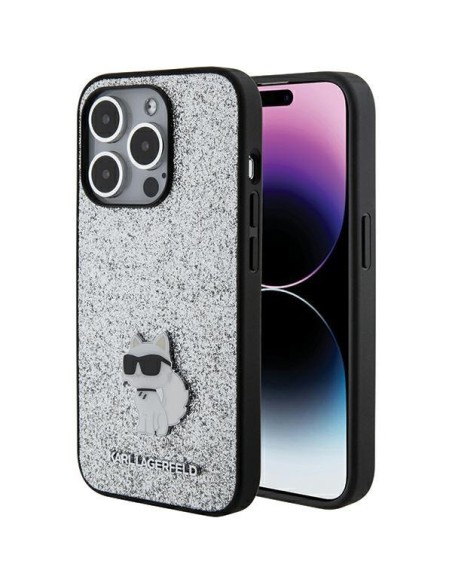 Karl Lagerfeld Fixed Glitter Choupette Logo Metal Pin Case iPhone 15 Pro - Sidabrinis