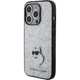 Karl Lagerfeld Fixed Glitter Choupette Logo Metal Pin Case iPhone 15 Pro - Sidabrinis