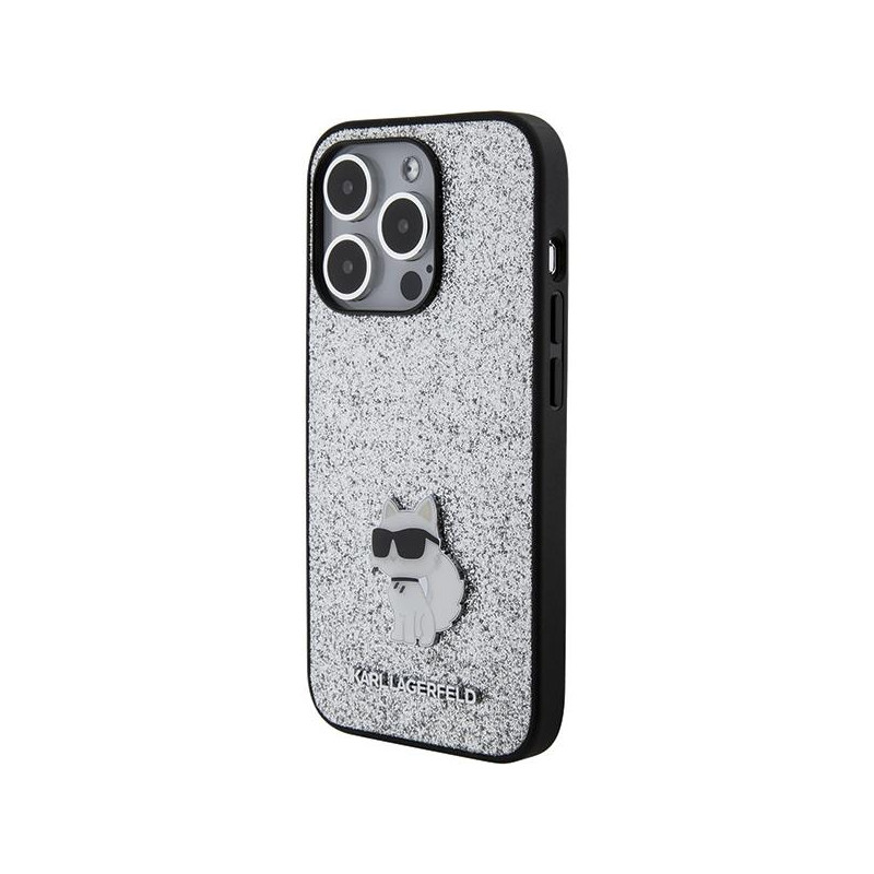 Karl Lagerfeld Fixed Glitter Choupette Logo Metal Pin Case iPhone 15 Pro - Sidabrinis