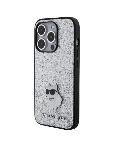 Karl Lagerfeld Fixed Glitter Choupette Logo Metal Pin Case iPhone 15 Pro - Sidabrinis