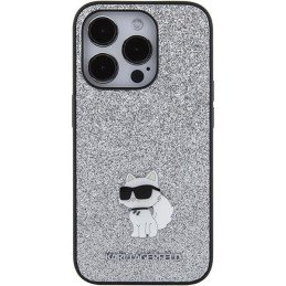 Karl Lagerfeld Fixed Glitter Choupette Logo Metal Pin Case iPhone 15 Pro - Sidabrinis