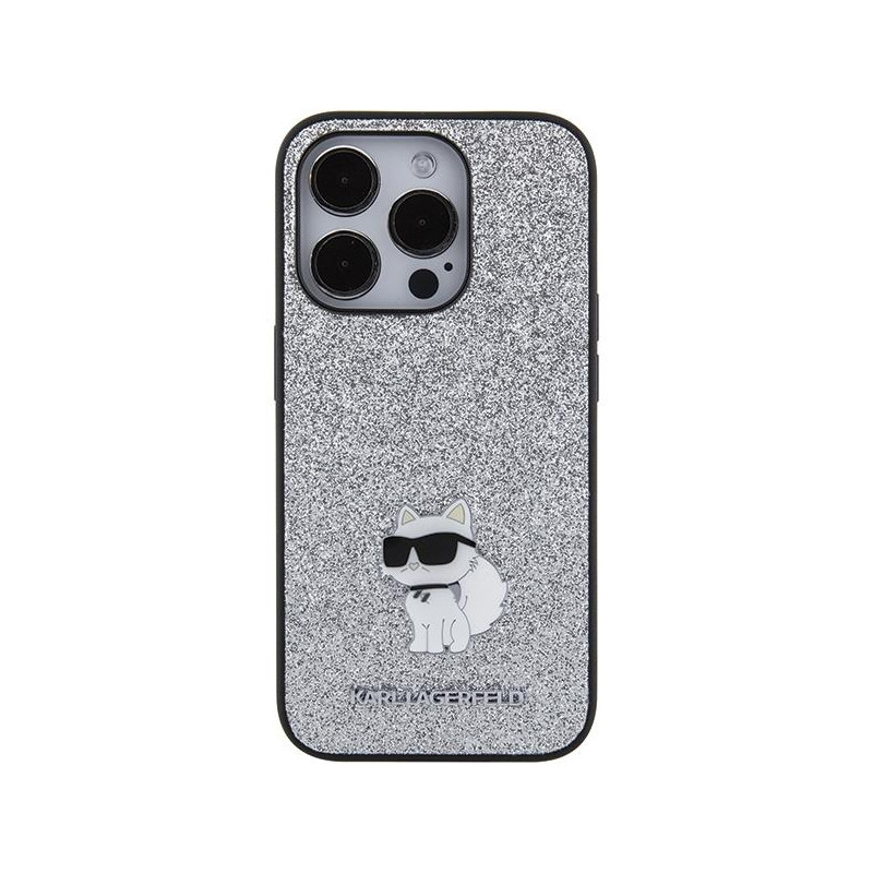 Karl Lagerfeld Fixed Glitter Choupette Logo Metal Pin Case iPhone 15 Pro - Sidabrinis