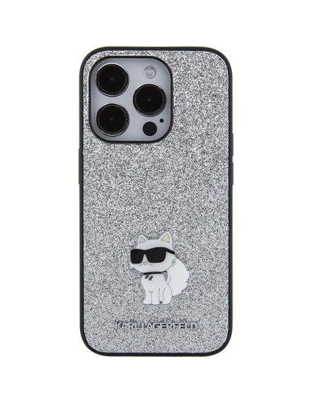 Karl Lagerfeld Fixed Glitter Choupette Logo Metal Pin Case iPhone 15 Pro - Sidabrinis