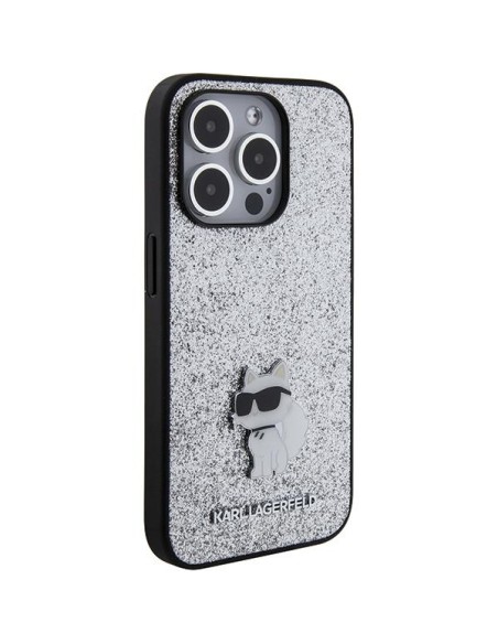 Karl Lagerfeld Fixed Glitter Choupette Logo Metal Pin Case iPhone 15 Pro - Sidabrinis