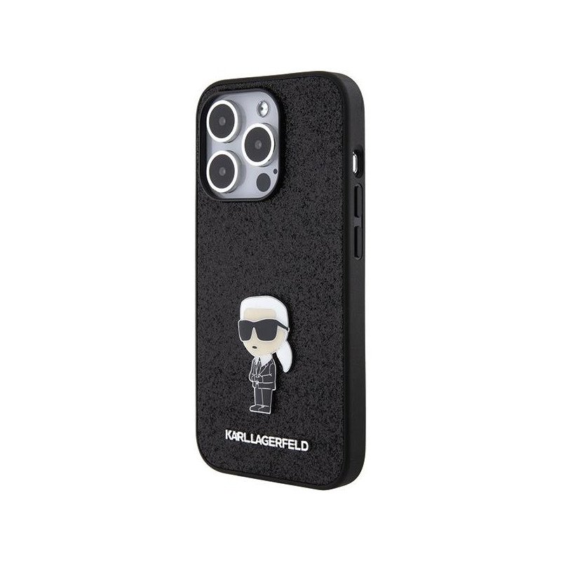 Karl Lagerfeld Fixed Glitter Ikonik Logo Metal Pin dėklas iPhone 15 Pro - juodas