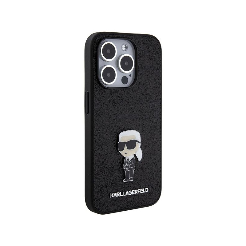 Karl Lagerfeld Fixed Glitter Ikonik Logo Metal Pin dėklas iPhone 15 Pro - juodas