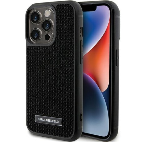 Karl Lagerfeld Rhinestone Logo Metal Plate dėklas, skirtas iPhone 15 Pro - juodas Karl Lagerfeld Rhinestone Logo Metal Plate dėklas, skirtas iPhone 15 Pro - juodas