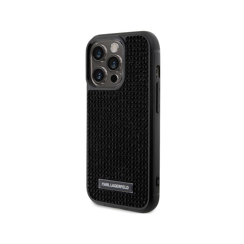 Karl Lagerfeld Rhinestone Logo Metal Plate dėklas, skirtas iPhone 15 Pro - juodas