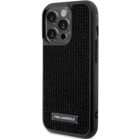 Karl Lagerfeld Rhinestone Logo Metal Plate dėklas, skirtas iPhone 15 Pro - juodas Karl Lagerfeld Rhinestone Logo Metal Plate dėklas, skirtas iPhone 15 Pro - juodas