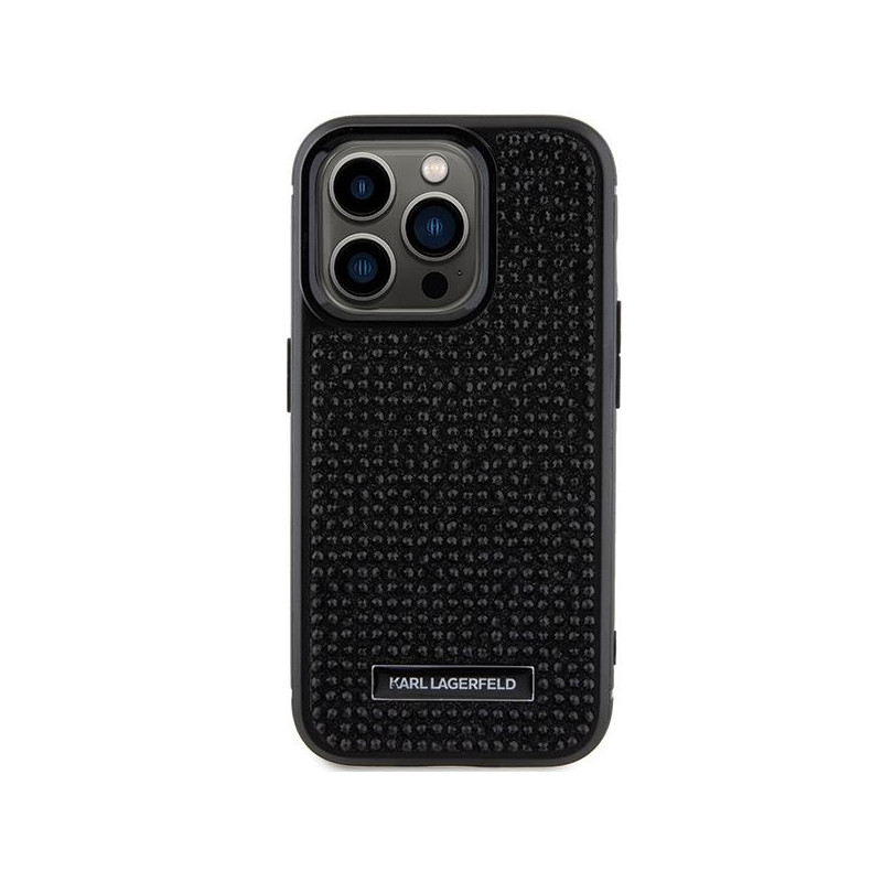 Karl Lagerfeld Rhinestone Logo Metal Plate dėklas, skirtas iPhone 15 Pro - juodas