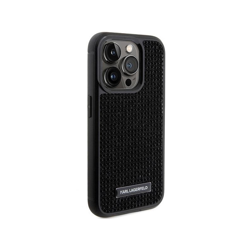 Karl Lagerfeld Rhinestone Logo Metal Plate dėklas, skirtas iPhone 15 Pro - juodas