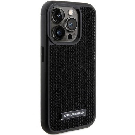 Karl Lagerfeld Rhinestone Logo Metal Plate dėklas, skirtas iPhone 15 Pro - juodas Karl Lagerfeld Rhinestone Logo Metal Plate dėklas, skirtas iPhone 15 Pro - juodas