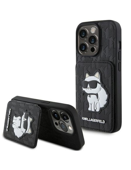 Karl Lagerfeld Saffiano kortelių lizdai ir stovo monograminis dėklas, skirtas iPhone 15 Pro – juodas Karl Lagerfeld Saffiano kortelių lizdai ir stovo monograminis dėklas, skirtas iPhone 15 Pro – juodas