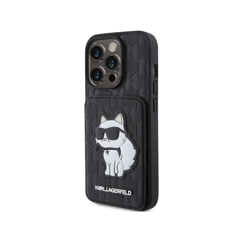 Karl Lagerfeld Saffiano kortelių lizdai ir stovo monograminis dėklas, skirtas iPhone 15 Pro – juodas