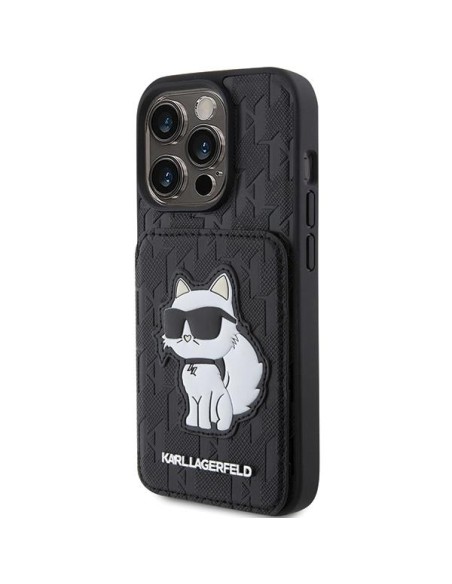 Karl Lagerfeld Saffiano kortelių lizdai ir stovo monograminis dėklas, skirtas iPhone 15 Pro – juodas Karl Lagerfeld Saffiano kortelių lizdai ir stovo monograminis dėklas, skirtas iPhone 15 Pro – juodas