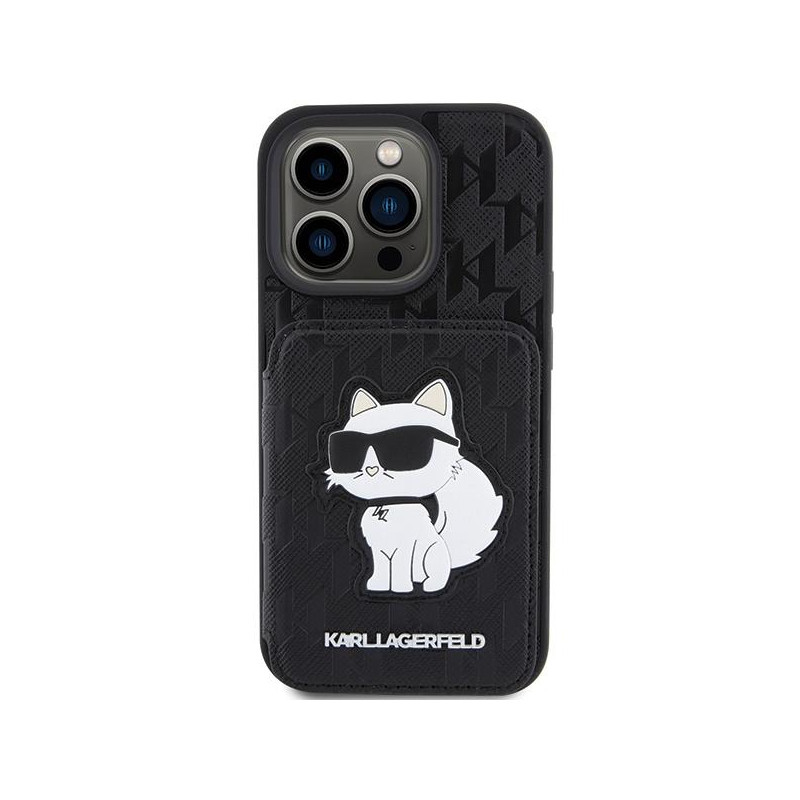 Karl Lagerfeld Saffiano kortelių lizdai ir stovo monograminis dėklas, skirtas iPhone 15 Pro – juodas