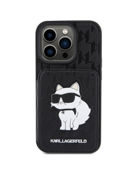 Karl Lagerfeld Saffiano kortelių lizdai ir stovo monograminis dėklas, skirtas iPhone 15 Pro – juodas Karl Lagerfeld Saffiano kortelių lizdai ir stovo monograminis dėklas, skirtas iPhone 15 Pro – juodas