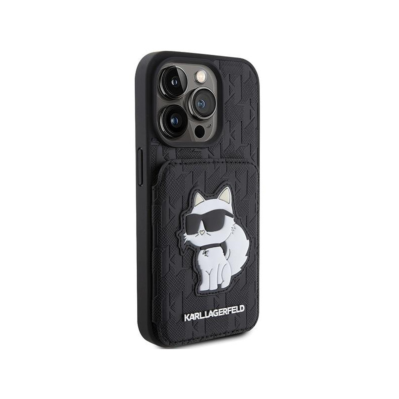 Karl Lagerfeld Saffiano kortelių lizdai ir stovo monograminis dėklas, skirtas iPhone 15 Pro – juodas