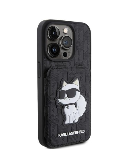 Karl Lagerfeld Saffiano kortelių lizdai ir stovo monograminis dėklas, skirtas iPhone 15 Pro – juodas Karl Lagerfeld Saffiano kortelių lizdai ir stovo monograminis dėklas, skirtas iPhone 15 Pro – juodas
