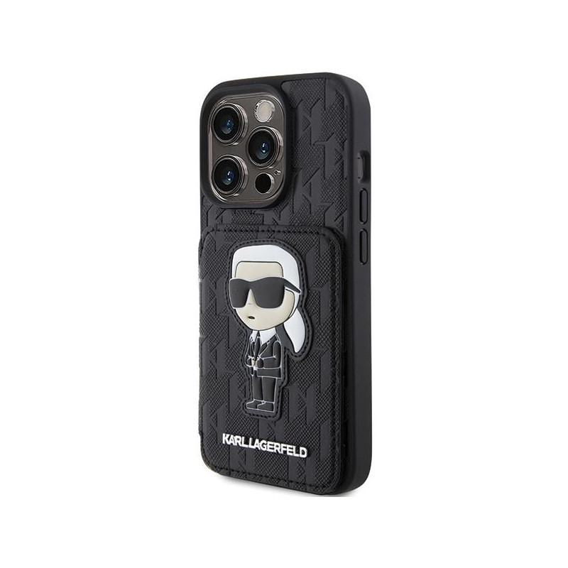 Karl Lagerfeld Saffiano kortelių lizdai ir stovo monograma Ikonik Patch dėklas, skirtas iPhone 15 Pro - juodas