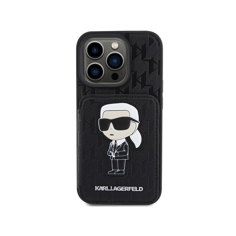 Karl Lagerfeld Saffiano kortelių lizdai ir stovo monograma Ikonik Patch dėklas, skirtas iPhone 15 Pro - juodas