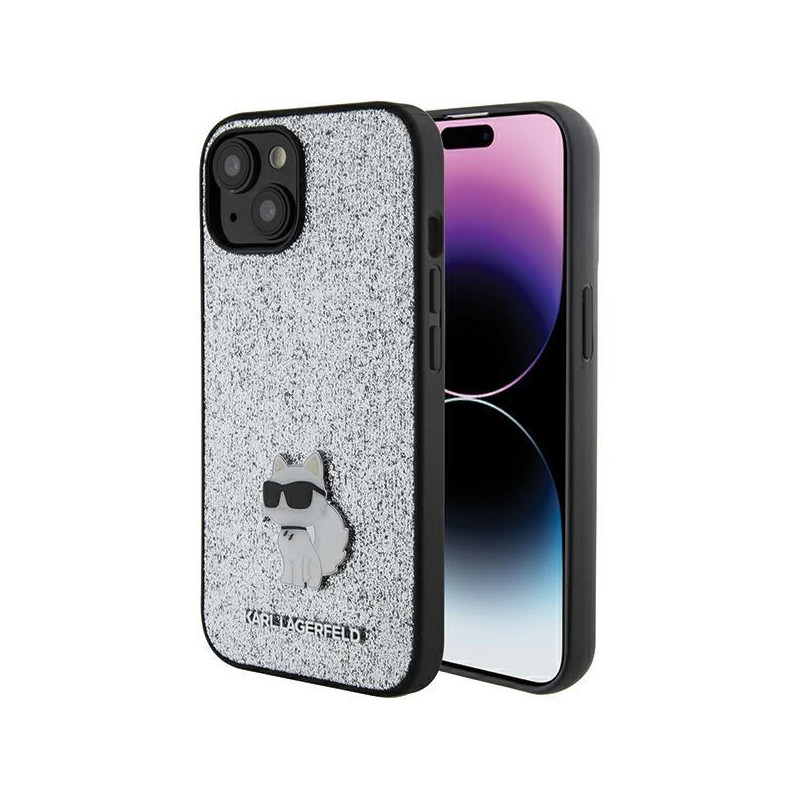 Karl Lagerfeld Fixed Glitter Choupette Logo Metal Pin dėklas iPhone 15 - sidabrinis