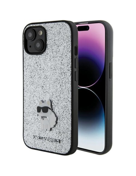 Karl Lagerfeld Fixed Glitter Choupette Logo Metal Pin dėklas iPhone 15 - sidabrinis Karl Lagerfeld Fixed Glitter Choupette Logo Metal Pin dėklas iPhone 15 - sidabrinis