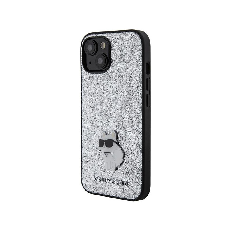 Karl Lagerfeld Fixed Glitter Choupette Logo Metal Pin dėklas iPhone 15 - sidabrinis