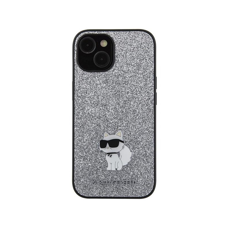 Karl Lagerfeld Fixed Glitter Choupette Logo Metal Pin dėklas iPhone 15 - sidabrinis