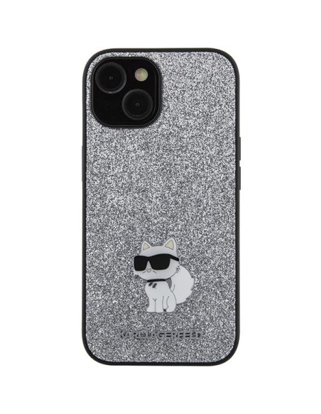 Karl Lagerfeld Fixed Glitter Choupette Logo Metal Pin dėklas iPhone 15 - sidabrinis Karl Lagerfeld Fixed Glitter Choupette Logo Metal Pin dėklas iPhone 15 - sidabrinis