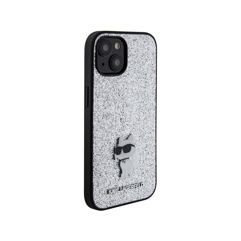 Karl Lagerfeld Fixed Glitter Choupette Logo Metal Pin dėklas iPhone 15 - sidabrinis