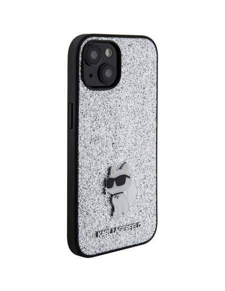 Karl Lagerfeld Fixed Glitter Choupette Logo Metal Pin dėklas iPhone 15 - sidabrinis Karl Lagerfeld Fixed Glitter Choupette Logo Metal Pin dėklas iPhone 15 - sidabrinis