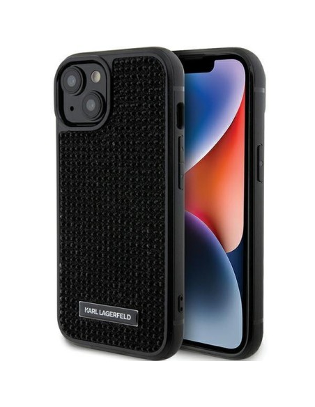 Karl Lagerfeld Rhinestone Logo Metal Plate dėklas iPhone 15 - juodas Karl Lagerfeld Rhinestone Logo Metal Plate dėklas iPhone 15 - juodas